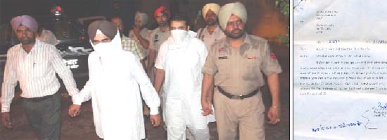 (Above) The accused arrested from Jhuttika Mohalla in Bathinda on Saturday night being taken away by the police for interrogation; the reply sent by the XEN at Mohali regarding the fake letter