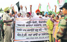 Residents of the NAC, Nayagaon, protest outside Chief Minister Parkash Singh Badals house at Sector 2 in Chandigarh on Sunday.