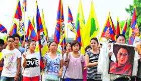 Tibetan nationals take out a protest march against China in Chandigarh on Sunday.