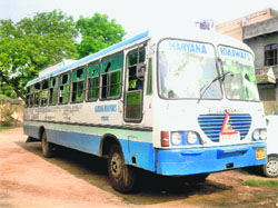 A Haryana Roadways bus damaged by protesters near Ismaila village on the National Highway-10 in Rohtak on Saturday night. 