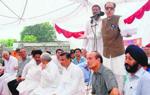 Saifuddin Soz addresses a rally at Agore in Nagrota on Sunday.