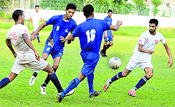 The Dalbir Football Academy, Patiala, and Guru Gobind Singh Football Society play a football match at Lyallpur Khalsa College in Jalandhar on Sunday
