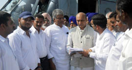 Youth Congress leaders presenting a memorandum to MM Pallam Raju on Sunday.