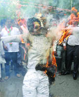 Congress activists on Monday burn an effigy of MNS chief Raj Thackeray at Jantar Mantar in New Delhi to protest against his threat to Hindi news channels and Biharis.