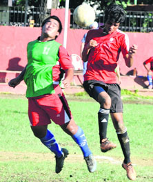 A match in action during the Lala Nemi Dass Memorial District Football League in Dehradun on Monday.