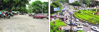 A taxi stand at the railway station wears a deserted look; and (right) a traffic jam at Panama chowk due to the protest by taxi operators in Jammu on Monday