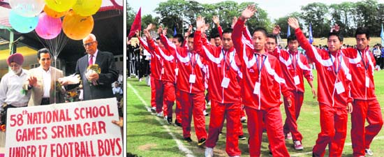 Governor NN Vohra and Sports Minister RS Chib at the inauguration of the 58th National School Games U-17 Football Tournament for boys; (right) Players wave towards the crowd at Bakshi Stadium in Srinagar on Monday