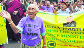 Activists of Tibetan Youth Congress protest against the visit of Chinese Defence Minister Liang Guanglie in New Delhi on Monday.