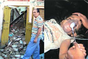 The debris of the collapsed house; and (right) an injured child under treatment at the Civil Hospital in Ambala City on Tuesday