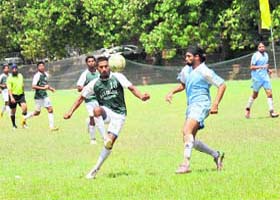 Players in action during an inter-college football tournament in Chandigarh