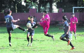 A match in action during the Lala Nemi Dass Memorial Football Tournament in Dehradun on Tuesday