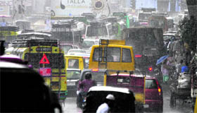 A long traffic jam due to heavy rain in Jammu on Tuesday.
