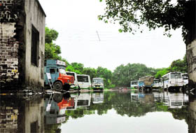 A view of the waterlogged SRTC workshop at Bikram Chowk in Jammu.