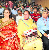 Awardee teachers at a function held at Government College, Sector 46, in Chandigarh on Wednesday.