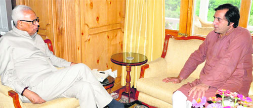 Governor NN Vohra during a meeting with Peoples Conference Chairman Sajjad Lone at Raj Bhawan in Srinagar on Wednesday.