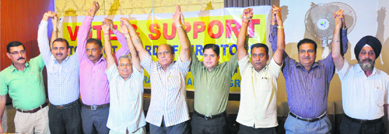 A panel of contesting candidates for the Board of Directors of the Citizen Cooperative Bank during a press conference in Jammu. Tribune photo: Anand Sharma