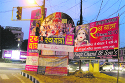 A file photo of religious hoardings installed at Fountain Chowk in Ludhiana.