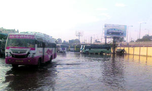 Patiala Bus Stand flooded with rainwater.