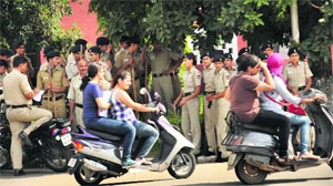Police personnel at Panjab University on the eve of student elections in Chandigarh on Thursday. 