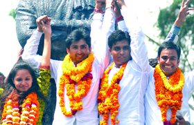 ABVP candidates pose after filing nominations for DUSU elections at Delhi University on Thursday.