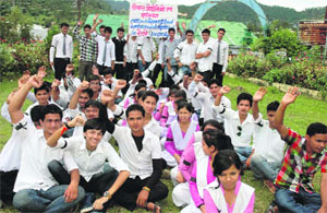 Students of Seemant Engineering College stage a demonstration in support of their demand for regular teaching in Pithoragarh on Thursday.