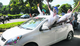 PUSU supporters celebrate their victory at DAV College, Sector 10, in Chandigarh on Friday.