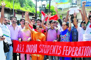 AISF activists protest in support of their demands outside the exhibition ground in Jammu on Friday. 