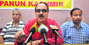 Dr Agnishekhar, convener of Panun Kashmir, addresses mediapersons in Jammu on Friday.