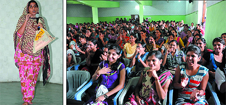 A student performs mimicry during the Talent Hunt organised at the SSD Girls College in Bathinda on Saturday; spectators enjoy the performance; a girl being helped by a friend before her performance; and a quiz competition in progress