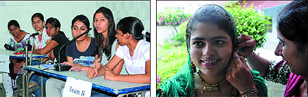 A student performs mimicry during the Talent Hunt organised at the SSD Girls College in Bathinda on Saturday; spectators enjoy the performance; a girl being helped by a friend before her performance; and a quiz competition in progress
