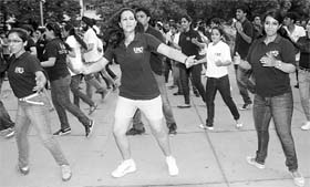 Students of the UBS, Panjab University, celebrate World Literacy Day at the Sector 17 plaza in Chandigarh on Saturday