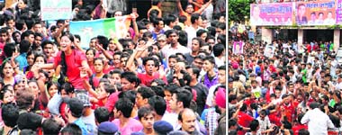 Supporters of Mohit Rawat, an NSUI candidate for the post of president, take out a procession in Dehradun on Saturday; and (right) supporters of Saurabh Mamgian, a candidate for the post of university representative