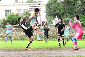 A match in progress during the Dehradun Council Football Tournament in Dehradun on Saturday