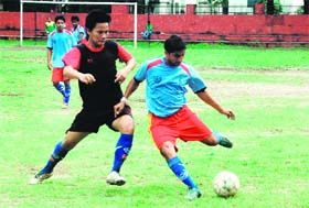 A match in action during the Lala Nemi Dass Memorial Football League in Dehradun on Saturday