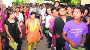 Students line up at GMSSS, Kasran, during a special round of admissions in Chandigarh.