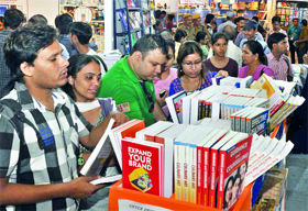 People throng the book fair on its last day at Pragati Maidan on Sunday.