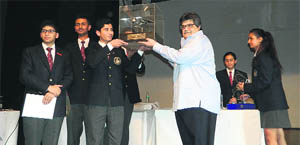 The winning team of Lawrence School, Sanawar, receive the Kirloskar Business Quiz trophy.