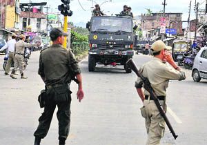 Tight security on the National Highway at Keishampat in Imphal after rumours of a bomb being planted at the middle of the road on Sunday.