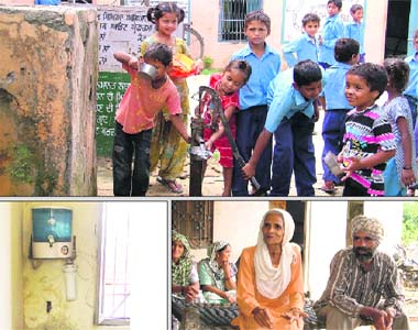 Students of government school in Hujran village drink contaminated water from a hand pump; (left) a non-functional RO system at the government school in Bhaini Gujran village and (right) a cancer survivor, Surjit Kaur, narrates her survival story