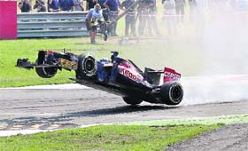 Toro Rossos Jean-Eric Vergne loses control of his car during the Italian F1 GP in Monza on Sunday. Vergne was forced to retire