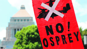 A banner is displayed during a rally against the deployment of US Osprey military aircraft on Okinawa island near the Parliament building in Tokyo on Sunday