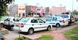 Cabs parked at a market in Mansa Devi Complex, Panchkula.