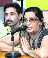 Victims sister Adarsh Awasthi addresses a press conference in Jalandhar on Monday.