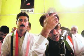 J&K Pradesh Congress Committee chief Prof Saifuddin Soz addresses a rally in Anantnag on Monday