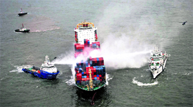 Cooling operations in progress after a major fire broke out on the Colombo-bound merchant vessel MV Amsterdam off Mumbai coast on Monday.
