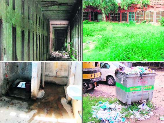 A dilapidated ward, which was abandoned years ago; wild growth; a garbage dump; and bad condition of a washroom at the ENT Hospital in Amritsar. 