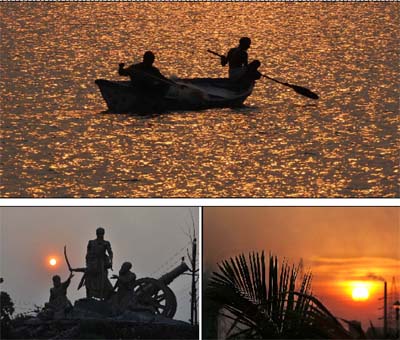 Men rowing a boat in the Thermal lake; a view of the setting sun in the city; and the sculptures at Ghanaiya Chowk present a magnificent view against the backdrop of the setting sun. 
