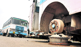 A bus without tyres at the CTU depot in Sector 25, Chandigarh, on Tuesday.