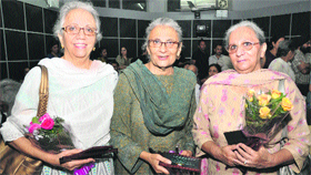 Sadat Hasan Mantos daughters Nusrat Jalal, Nuzhat Arshat and Nighat Patel at Saupins School, Sector 32, in Chandigarh on Tuesday.