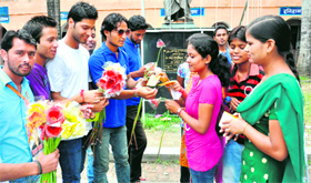 Candidates campaign for the students union elections in DAV (PG) College, Dehradun, on Tuesday.